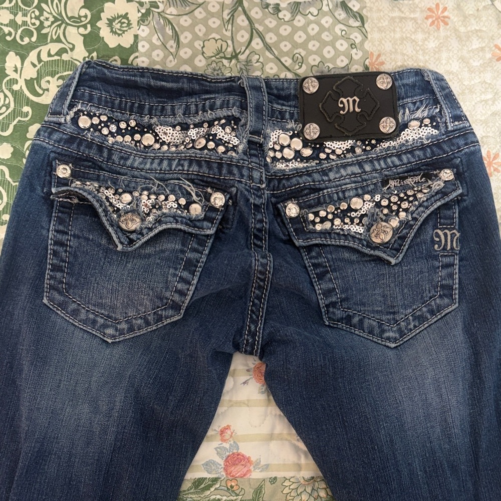 Miss Me Dark Blue Boot Cut Jeans with Silver Accents